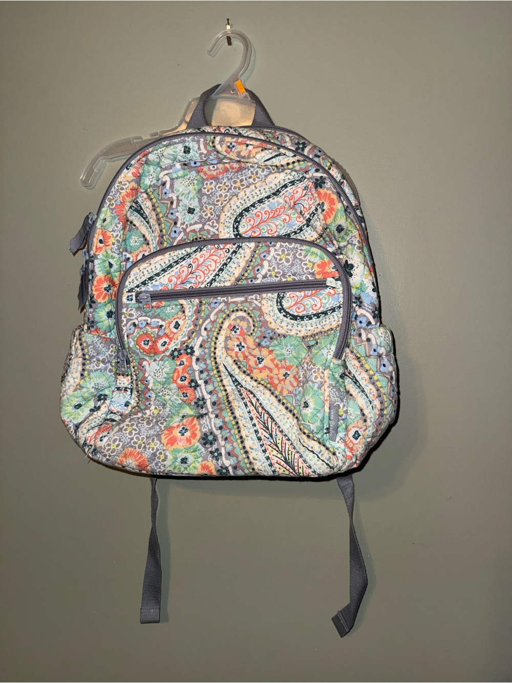 Vera Bradley Gray Quilted Paisley Backpack with Mint & Coral Accents - Picture 1 of 10